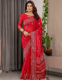 Classic Red Fendi Satin Block & Foil Printed Saree with Traditional Butti Motifs, Tassel Edges & Attached Blouse