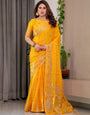 Mustard Yellow Fendi Satin Block & Foil Printed Saree with Traditional Butti Motifs, Tassel Edges & Attached Blouse