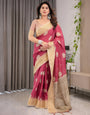 Blush Pink & Beige Cotton Linen Saree with Woven Lotus Motifs & Golden Zari Border | With Blouse Piece