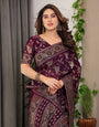 Plum Purple Fendi Satin Floral Block & Foil Printed Saree with Ornamental Border, Tassel Edges & Attached Blouse
