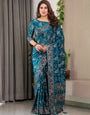 Peacock Blue Fendi Satin Floral Block & Foil Printed Saree with Ornamental Border, Tassel Edges & Attached Blouse