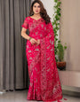 Magenta Pink Fendi Satin Floral Block & Foil Printed Saree with Ornamental Border, Tassel Edges & Attached Blouse
