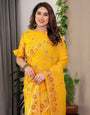 Sunshine Yellow Fendi Satin Floral Block & Foil Printed Saree with Ornamental Border, Tassel Edges & Attached Blouse