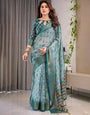 Turquoise Blue Cotton Linen Saree with Peacock Motifs & Zari Border | Floral Pallu | With Blouse