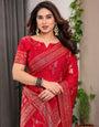 Bridal Red Fendi Satin Floral Block & Foil Printed Saree with Ornamental Border, Tassel Edges & Attached Blouse