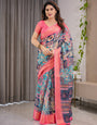 Vibrant Multicolor Cotton Linen Saree with Boho Patchwork Print & Zari Border | Festive Ethnic Wear | With Blouse