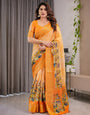 Vibrant Orange Cotton Linen Saree with Traditional Dance Motif Pallu & Zari Border | With Blouse