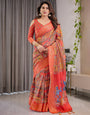 Rust Red Cotton Linen Saree with Madhubani Folk Art Pallu & Zari Border | Ethnic Digital Print | With Blouse Piece
