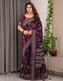 Wine Plum Fendi Satin Leafy Floral Block & Foil Printed Saree with Geometric Border, Tassel Edges & Attached Blouse