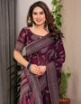 Wine Plum Fendi Satin Leafy Floral Block & Foil Printed Saree with Geometric Border, Tassel Edges & Attached Blouse