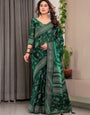 Emerald Green Fendi Satin Leafy Floral Block & Foil Printed Saree with Ornamental Border, Tassel Edges & Attached Blouse