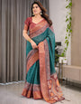Teal Green Cotton Linen Saree with Rust Zari Border & Peacock Pallu | Ethnic Print | With Blouse