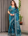 Teal Blue Fendi Satin Leafy Floral Block & Foil Printed Saree with Ornamental Border, Tassel Edges & Attached Blouse