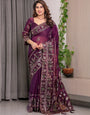 Royal Wine Purple Fendi Satin Peacock & Floral Block and Foil Printed Saree with Traditional Border, Tassel Edges & Attached Blouse
