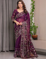 Royal Wine Purple Fendi Satin Peacock & Floral Block and Foil Printed Saree with Traditional Border, Tassel Edges & Attached Blouse