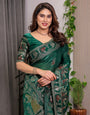 Emerald Green Fendi Satin Peacock & Heritage Motif Block and Foil Printed Saree with Traditional Border, Tassel Edges & Attached Blouse