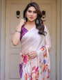Ivory Multi-Floral Printed Satin Georgette Saree with Contrast Purple Blouse ā Elegant Festive & Party Wear