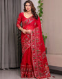 Classic Red Fendi Satin Peacock & Heritage Motif Block and Foil Printed Saree with Rich Border, Tassel Finish & Attached Blouse