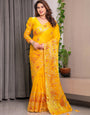 Mustard Yellow Fendi Satin Peacock & Heritage Motif Block and Foil Printed Saree with Rich Pallu, Tassel Edges & Attached Blouse