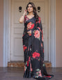 Black Red Floral Printed Satin Georgette Saree with Designer Blouse ā Party & Evening Wear