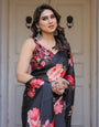 Black Red Floral Printed Satin Georgette Saree with Designer Blouse ā Party & Evening Wear