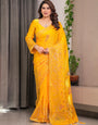 Sunshine Yellow Fendi Satin Block & Foil Print Saree with Attached Blouse & Tassel Detailing