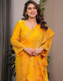 Sunshine Yellow Fendi Satin Block & Foil Print Saree with Attached Blouse & Tassel Detailing