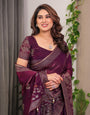 Wine Purple Fendi Satin Block & Foil Print Saree with Attached Blouse & Tassel Detailing