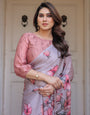 Dusty Lavender Satin Georgette Floral Printed Saree with Rose Pink Blouse & Artistic Floral Pallu | Soft Elegant Party Wear Saree