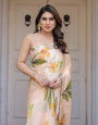Champagne Peach Satin Georgette Floral Printed Saree with Matching Printed Blouse & Statement Botanical Pallu | Elegant Soft Party Wear Saree