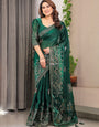 Emerald Green Fendi Satin Block & Foil Print Saree with Attached Blouse & Tassel Detailing