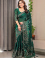 Emerald Green Fendi Satin Block & Foil Print Saree with Attached Blouse & Tassel Detailing