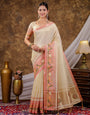 Ivory Cream Khadi Cotton Saree with Peach Pink Traditional Printed Border & Pallu, Zari Weaving, Tassels on Edges with Blouse Piece