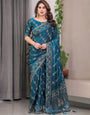 Teal Blue Fendi Satin Block & Foil Print Saree with Floral Motifs, Attached Blouse & Tassel Finish
