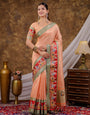 Peach Khadi Cotton Saree with Sage Green Zari Border, Multicolour Peacock Printed Border & Pallu, Tassels with Blouse Piece