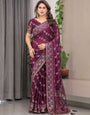 Plum Wine Fendi Satin Block & Foil Print Saree with Floral Motifs, Attached Blouse & Tassel Detailing