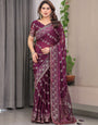 Plum Wine Fendi Satin Block & Foil Print Saree with Floral Motifs, Attached Blouse & Tassel Detailing