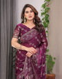 Plum Wine Fendi Satin Block & Foil Print Saree with Floral Motifs, Attached Blouse & Tassel Detailing