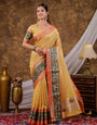 Golden Mustard Khadi Cotton Saree with Rust Orange Zari Border, Elephant Peacock Traditional Print & Lotus Pallu, Tassels with Blouse Piece