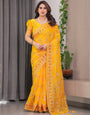 Mustard Yellow Fendi Satin Block & Foil Print Saree with Floral Motifs, Attached Blouse & Tassel Pallu