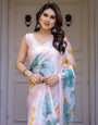White Tropical Leaf Printed Satin Georgette Saree with Matching Blouse ā Fresh Summer Party & Day Wear