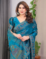 Teal Peacock Blue Fendi Satin Block & Foil Print Saree with Traditional Motif Border & Tassel Detail Blouse