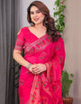 Rani Pink Fendi Satin Block & Foil Print Saree with Traditional Motif Border & Tassel Detail Blouse