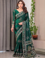 Emerald Green Fendi Satin Block & Foil Print Saree with Heritage Motif Border & Tassel Detail Blouse