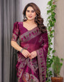 Wine Plum Fendi Satin Block & Foil Print Saree with Traditional Motif Border & Tassel Detail Blouse