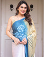 Steel Blue Ombre Floral Satin Georgette Saree with Contrast Pallu & Unstitched Blouse ā Modern Festive & Party Wear