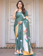 Bottle Green Abstract Printed Satin Georgette Saree with Designer Border & Unstitched Blouse ā Modern Party & Office Wear
