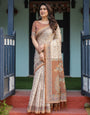 Beige and Rust Handloom Cotton-Linen Saree with Floral Motifs and Peacock Pallu