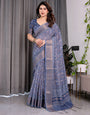 Dusty Blue Pure Handloom Linen Saree with All-Over Floral Vine Print & Zari Border | Geometric Pallu & Tassels | 5.5m Saree + 0.8m Blouse