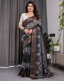 Black Handloom Linen Saree with White Floral Mandala Print, Zari Border & Tassel Pallu | 5.5m Saree + 0.8m Blouse
